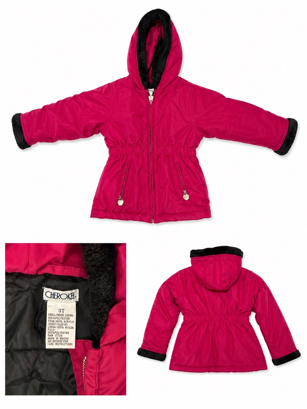 Cherokee Bright Pink Hooded Girls Puffer Coat with Black Trim